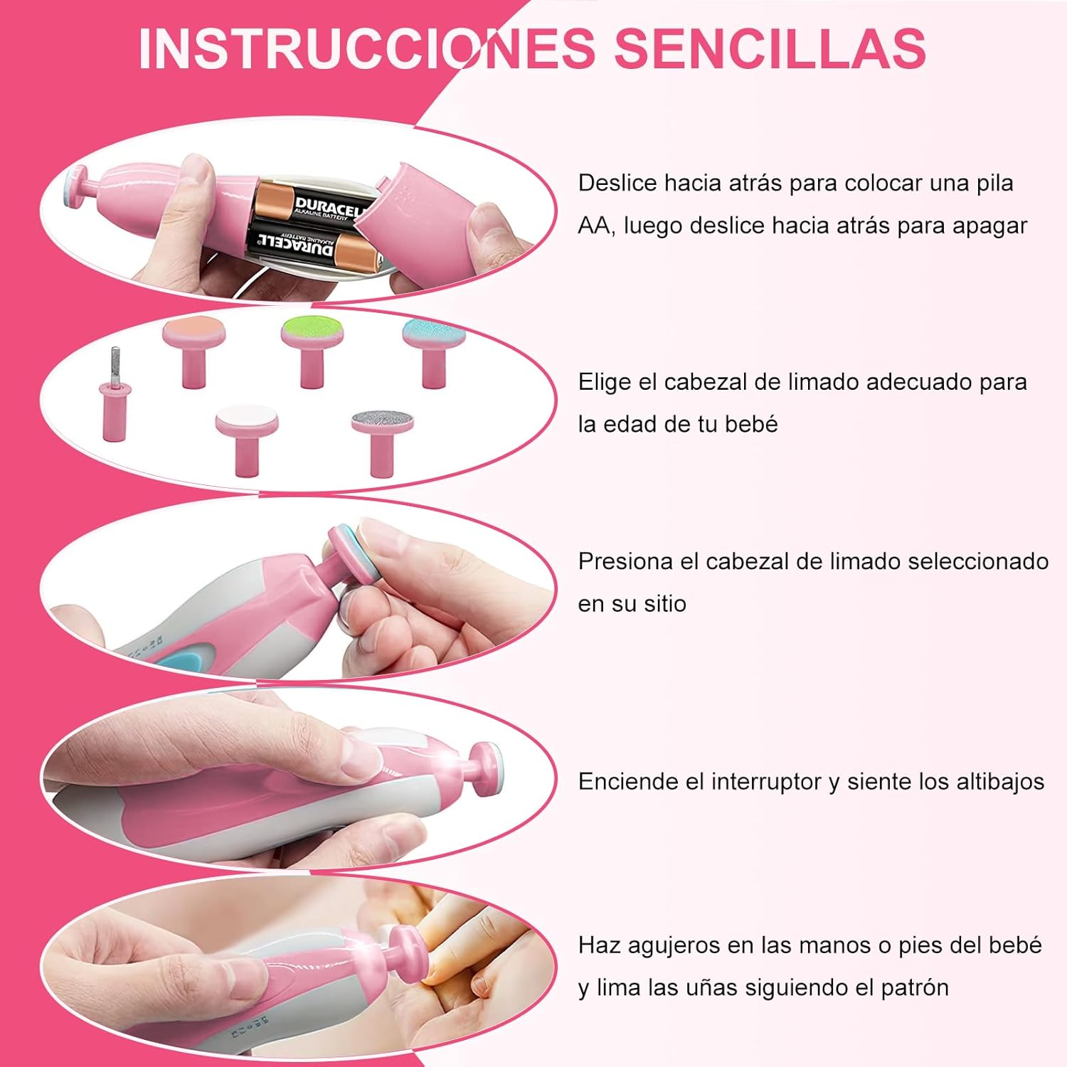 Foto 4 | Lima De Uñas Eléctrica 2 Velocidades – Perfecta Para Manos Pequeñas Y Grandes Color Rosa