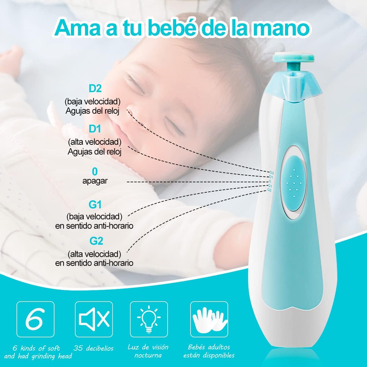 Foto 5 | Lima De Uñas Eléctrica 2 Velocidades – Perfecta Para Manos Pequeñas Y Grandes Color Azul