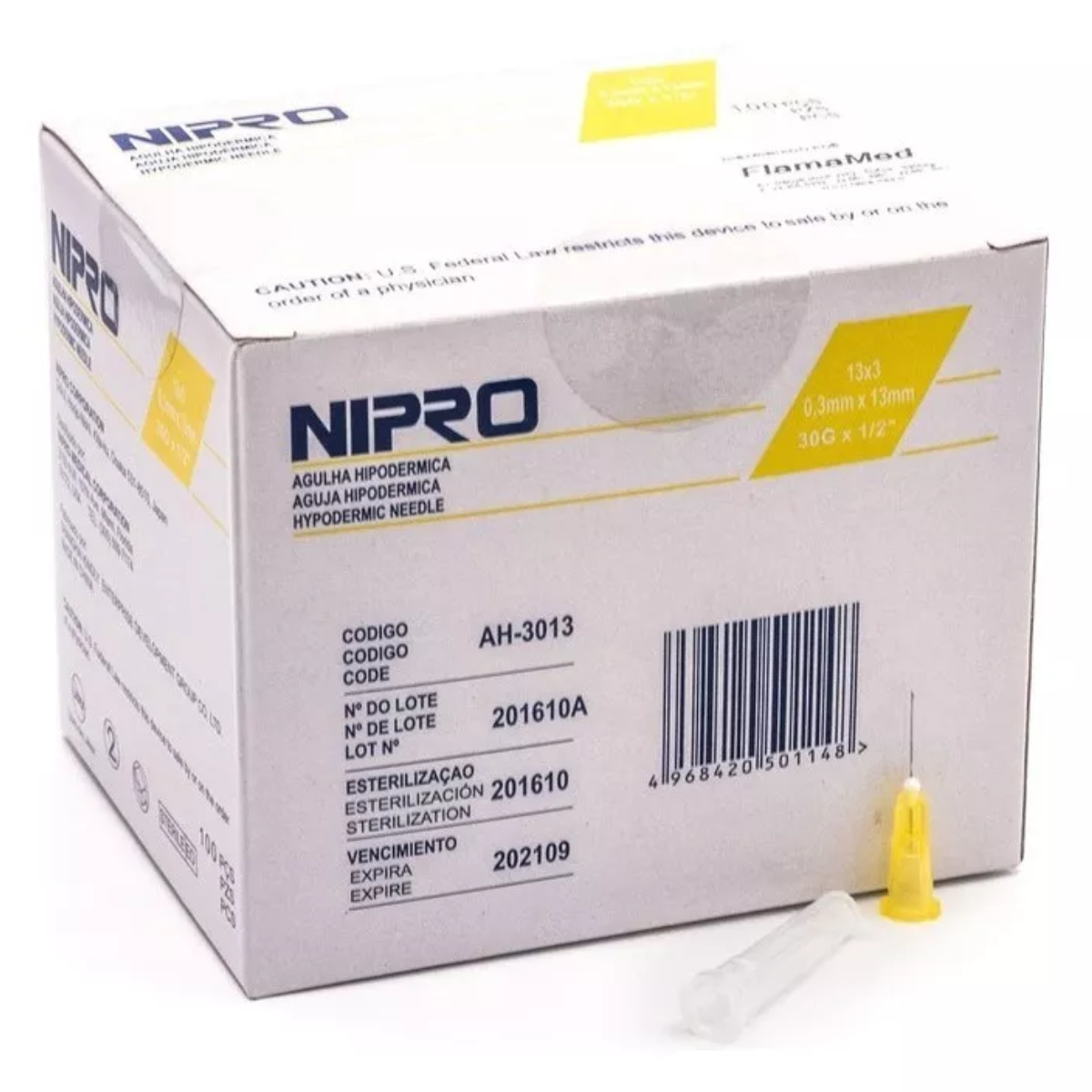 Aguja Hipodérmica Nipro 30G X 13 MM (1/2) Amarilla Caja 100 U