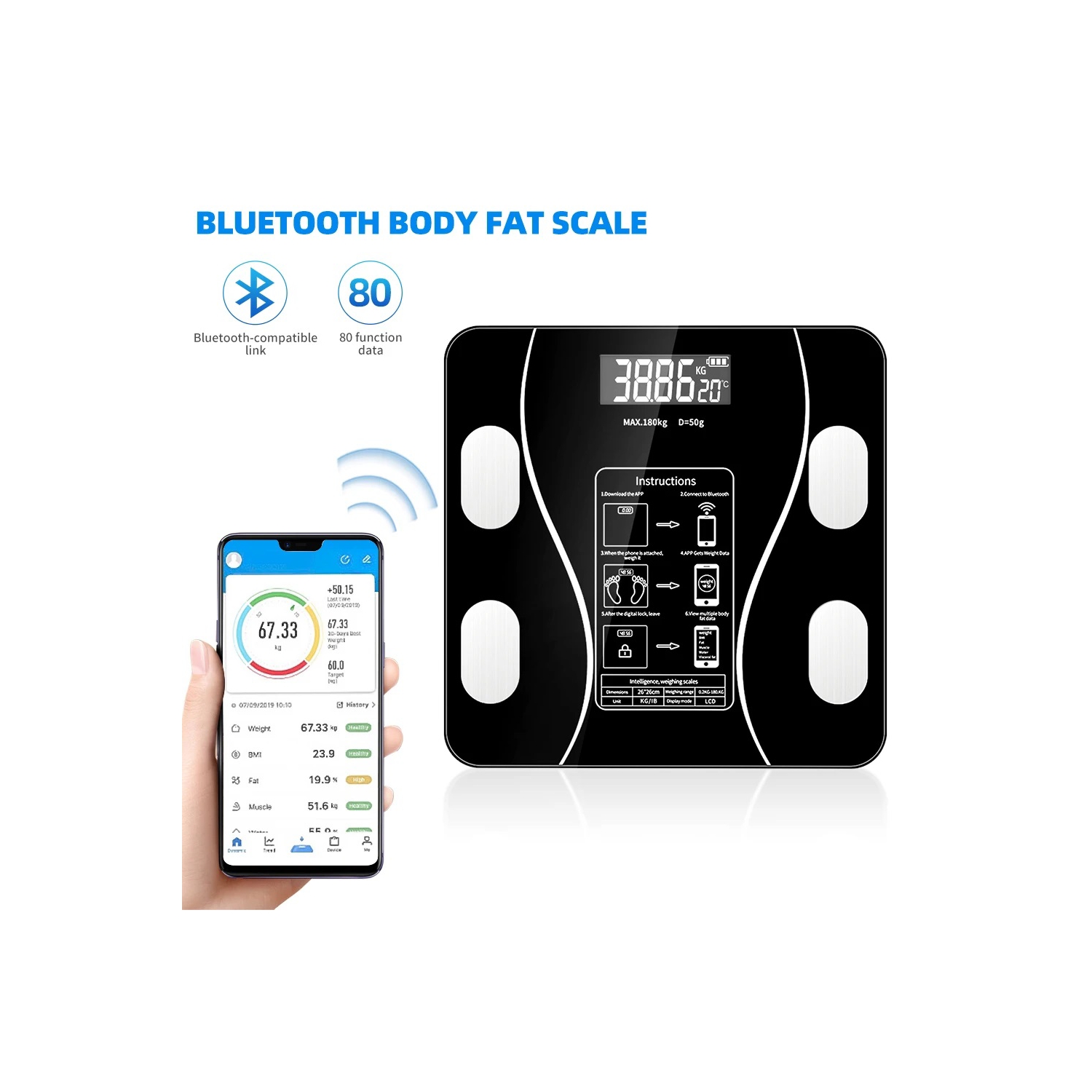 Foto 3 pulgar | Báscula de Pesaje Digital Inteligente 180 kg Bluetooth Negra - Venta Internacional