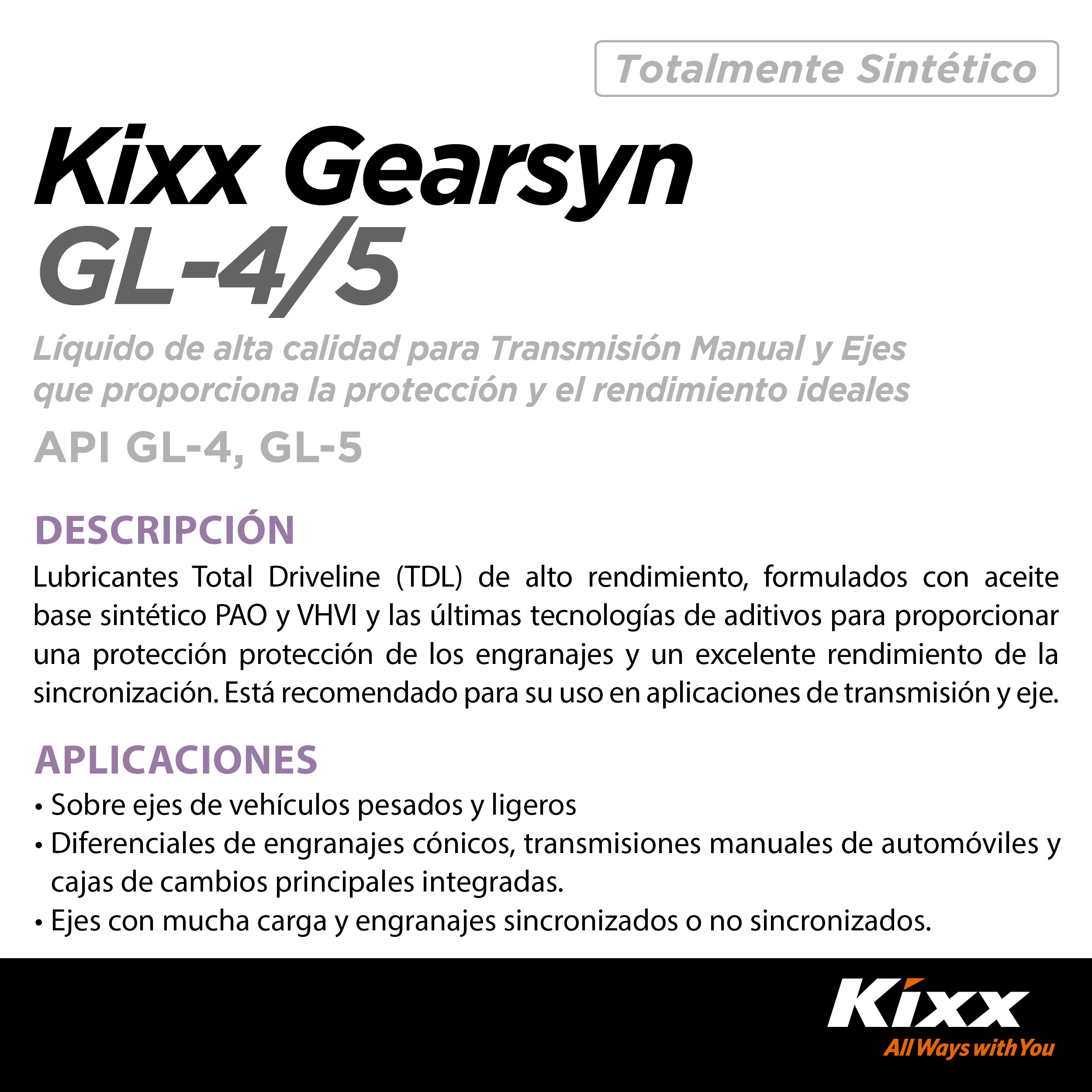 Foto 2 | Aceite Para Transmisión Manual Sintético Kixx Gearsyn Gl-4/gl-5 75w-90, 1l