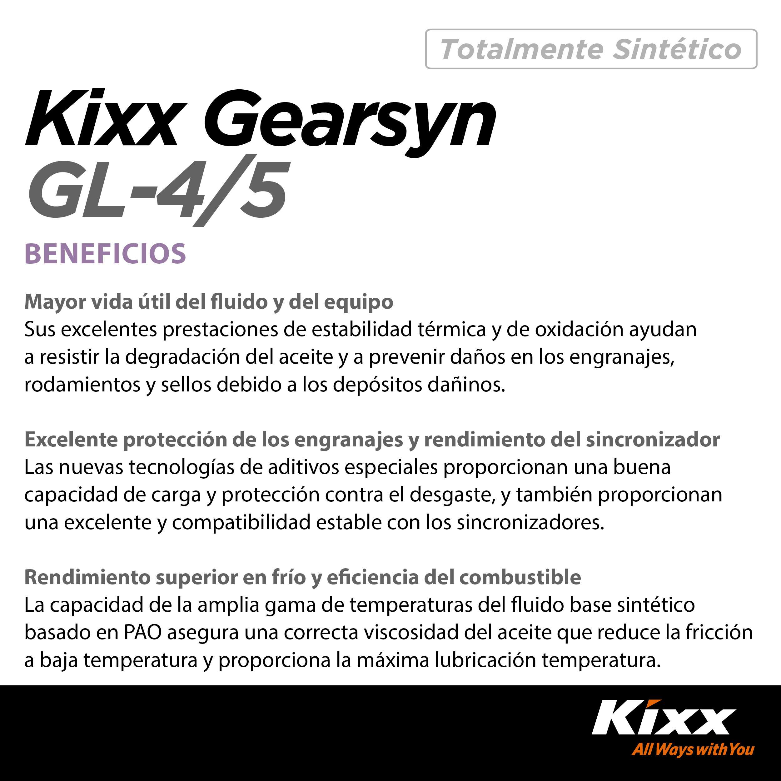 Foto 3 | Aceite Para Transmisión Manual Sintético Kixx Gearsyn Gl-4/gl-5 75w-90, 1l