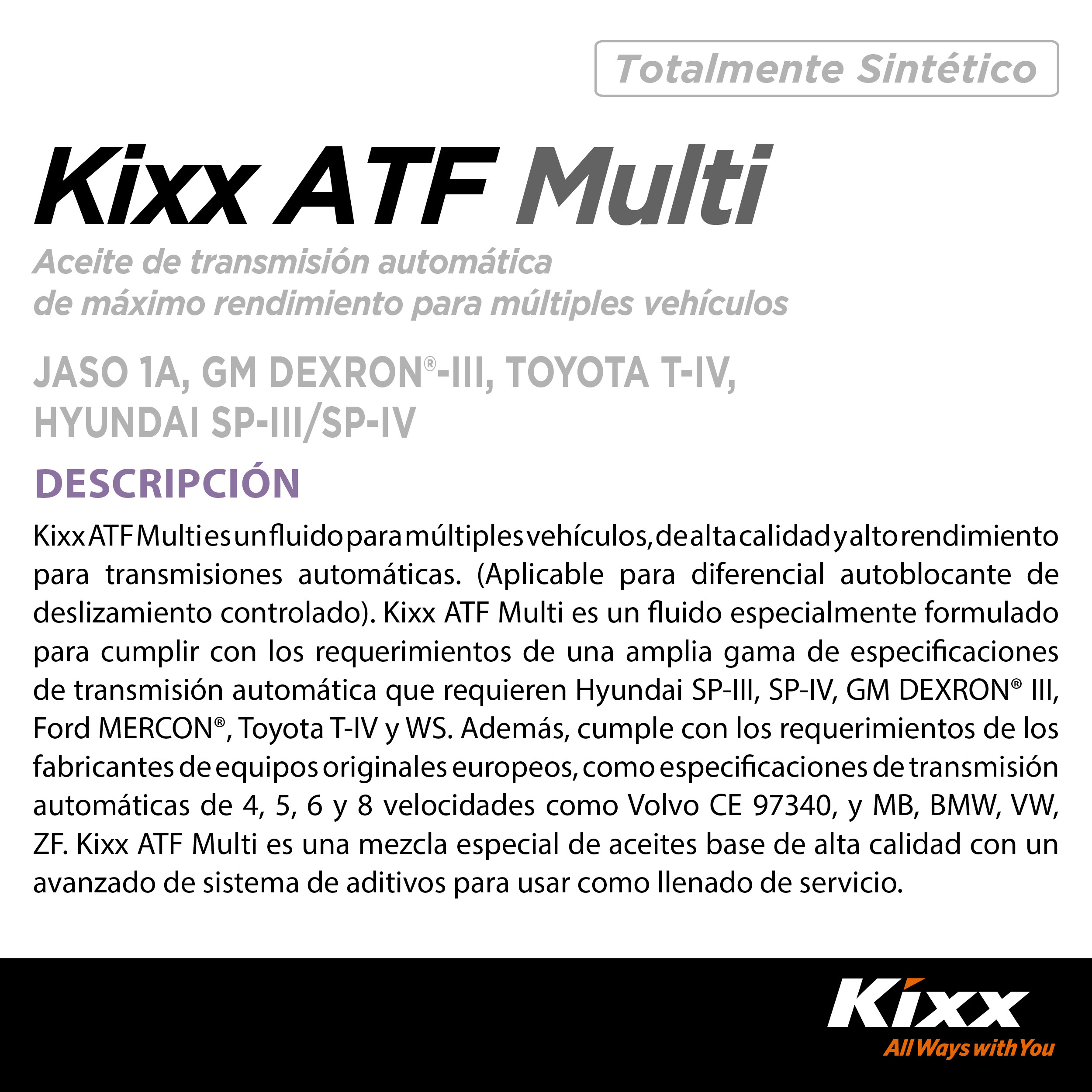 Foto 2 | Aceite Para Transmisión Automática Sintético Kixx Atf Multi, 1l