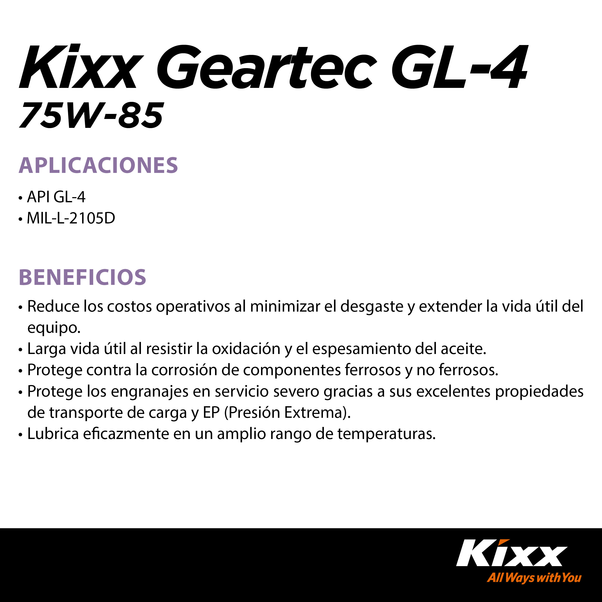 Foto 3 | Aceite Para Transmisión Manual Kixx Geartec Gl-4 75w-85, 4l