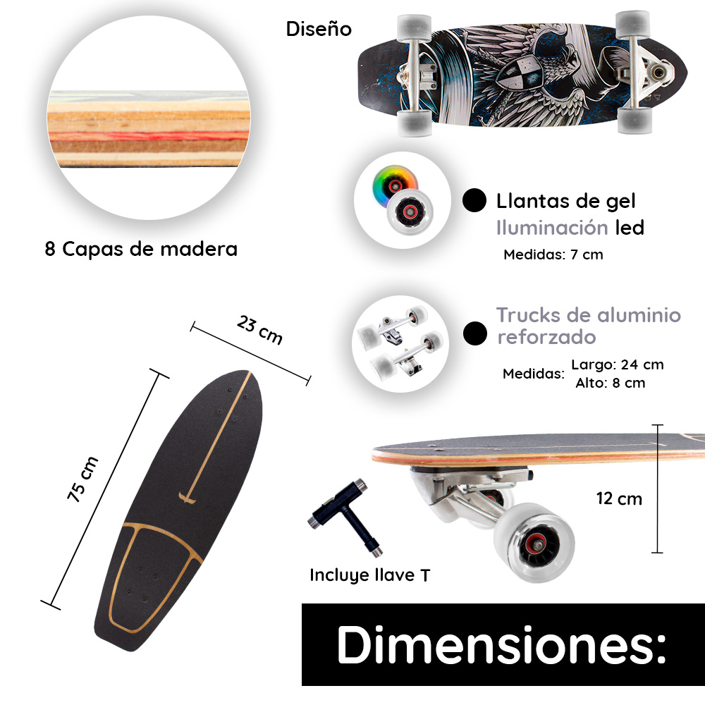 Foto 2 | Patineta Cruiser Surf Piso Lija Reforzada Suelo Altamente Resistente Diseño Cuervo