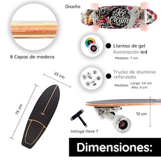 Foto 2 | Patineta Cruiser Surf Piso Lija Reforzada Suelo Altamente Resistente Diseño Helado