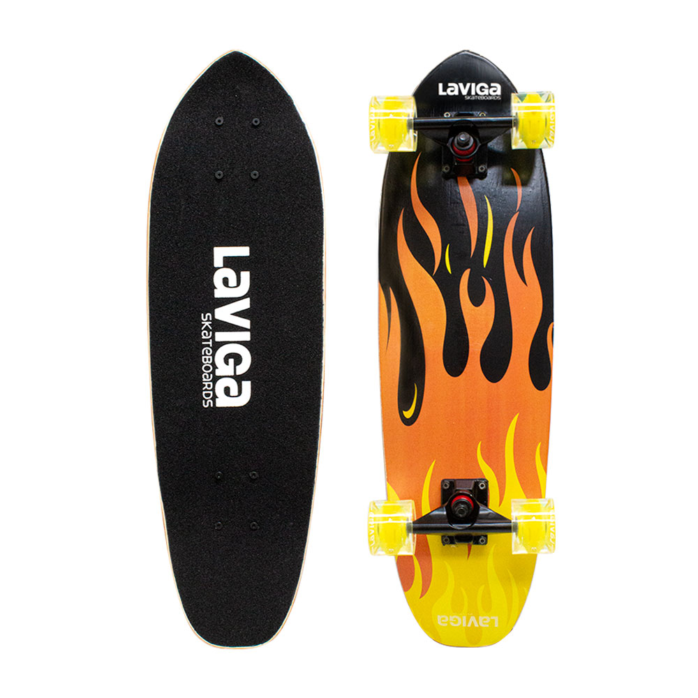 Patineta Cruiser Surf de Madera/ Diseño Fuego Skate/ Llantas Pu Luz Led color Amarillo