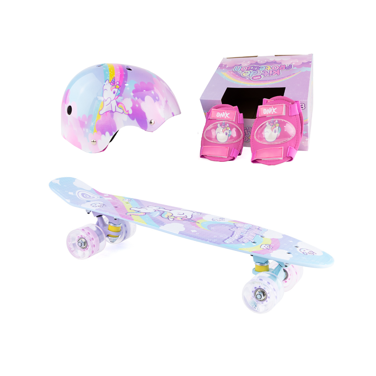 Patineta Onix Rainbow Horn Multicolor Con Kit De Protección Para Niña