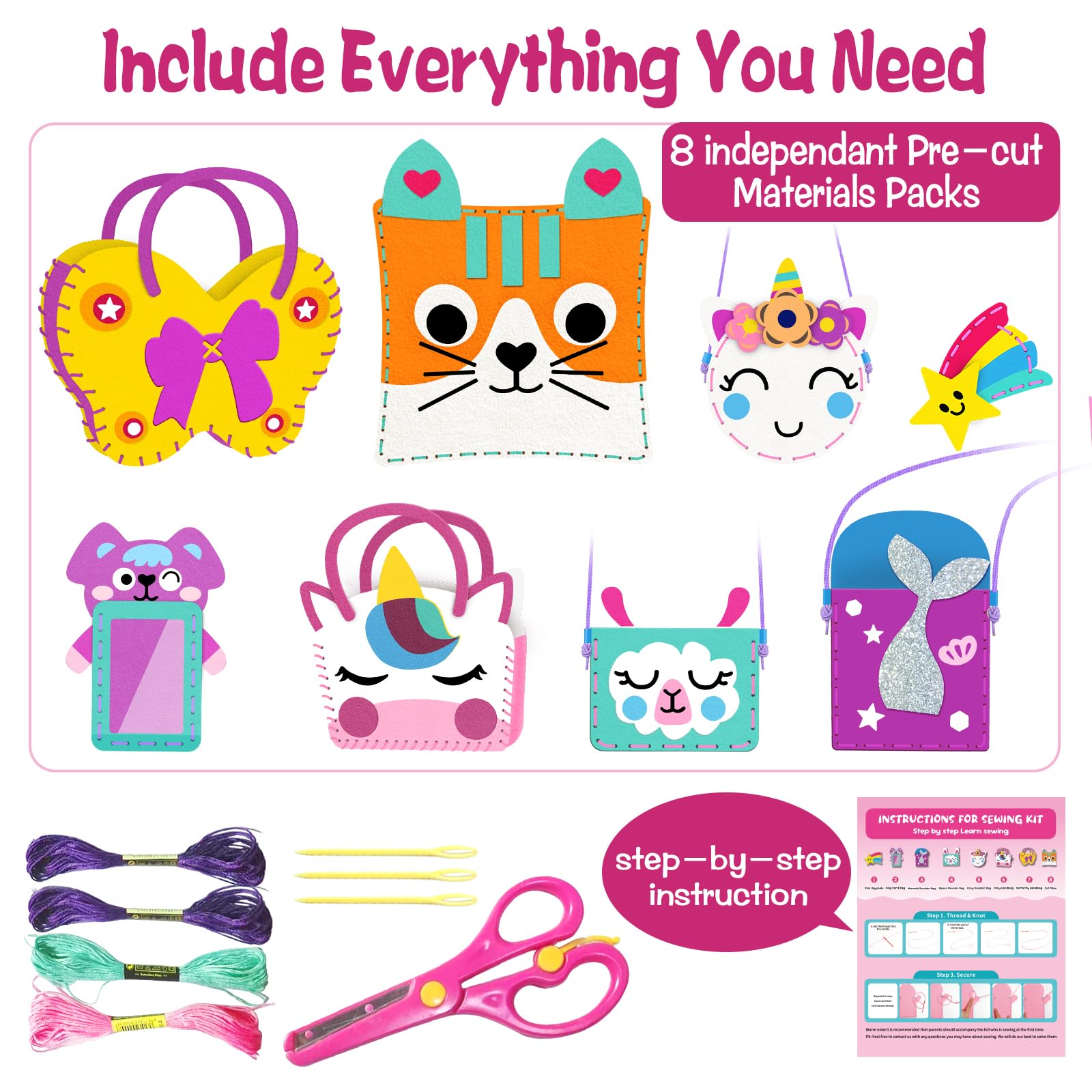 Foto 4 pulgar | Kit De Costura Meguo Para Niños Principiantes Con 8 Bolsos Y Adornos De Bricolaje - Venta Internacional.