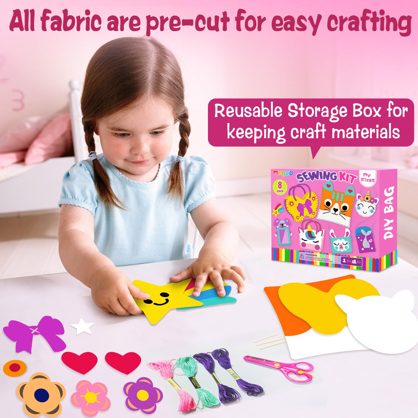 Foto 5 pulgar | Kit De Costura Meguo Para Niños Principiantes Con 8 Bolsos Y Adornos De Bricolaje - Venta Internacional.