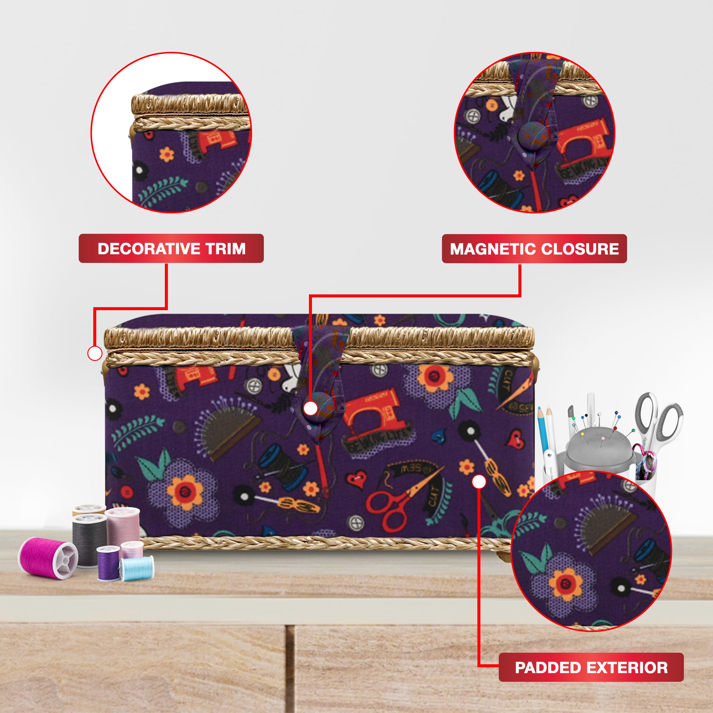 Foto 6 pulgar | Cesta De Costura Singer Con Kit De Costura, Agujas Y Hilo, Color Morado - Venta Internacional.