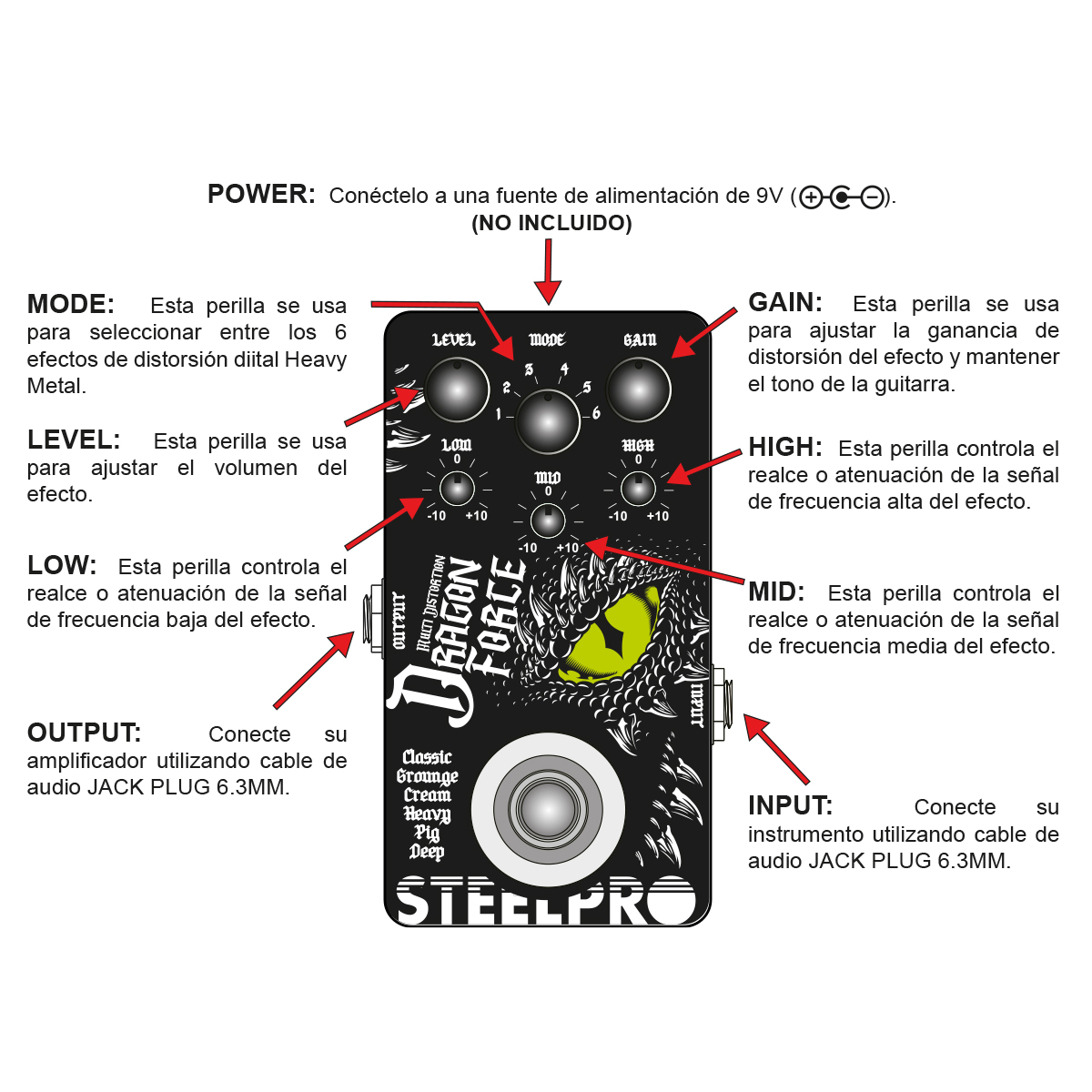 Foto 4 pulgar | Pedal Para Guitarra Steelpro Dragon Force 6 Distorsión 9v