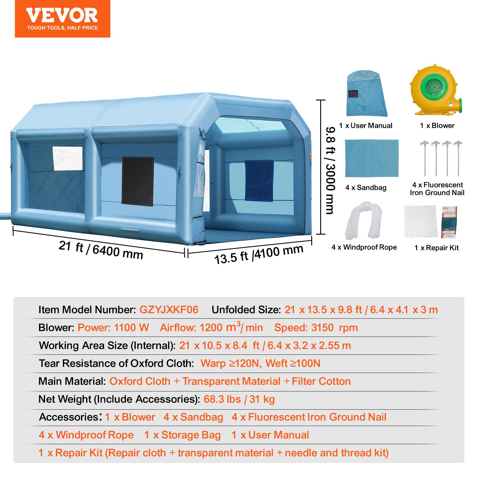 Foto 7 | Cabina De Pintura Inflable Vevor 21 X 13.5 X 9.8 Pies Con Ventilador - Venta Internacional.