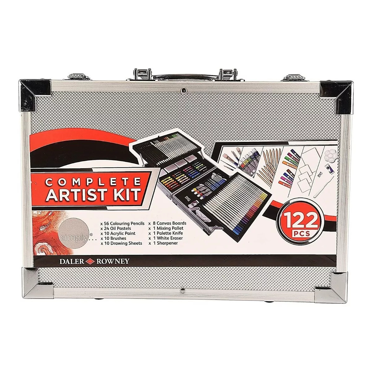 Kit Completo de Artista Daler Rowney con Funda de Transporte de Metal 122 Piezas