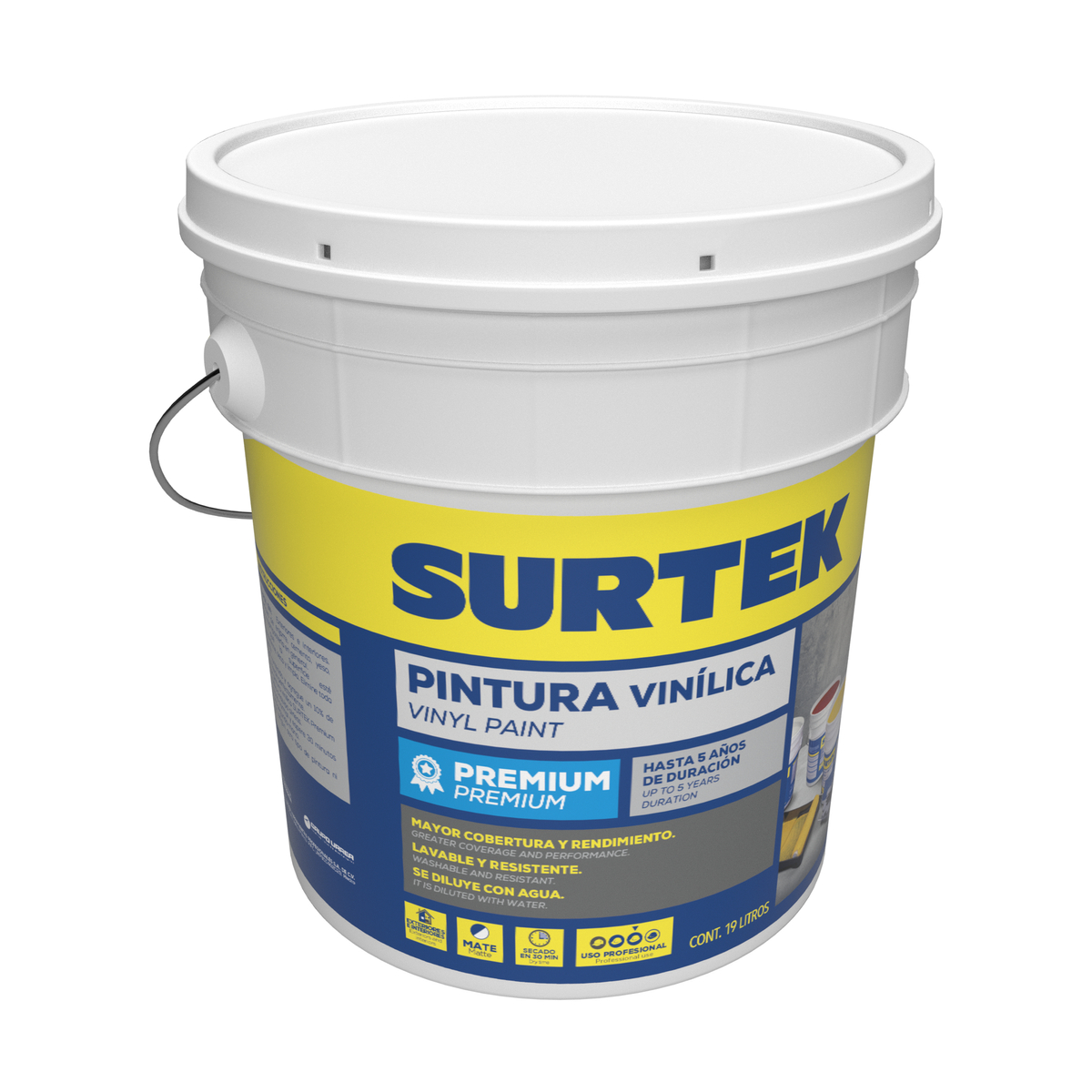 Foto 2 pulgar | Cubeta De Pintura Vinílica Premium 19 Lt Color Blanco Surtek