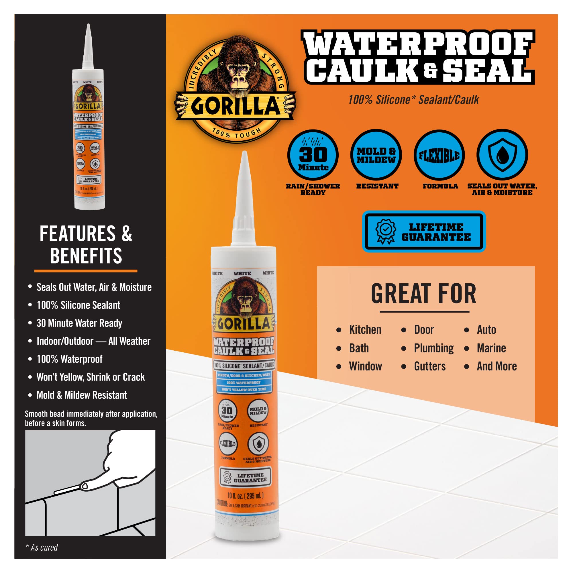 Foto 3 pulgar | Sellador De Silicona Caulk & Seal Gorilla Waterproof  300 Ml  Color Blanco - Venta Internacional.