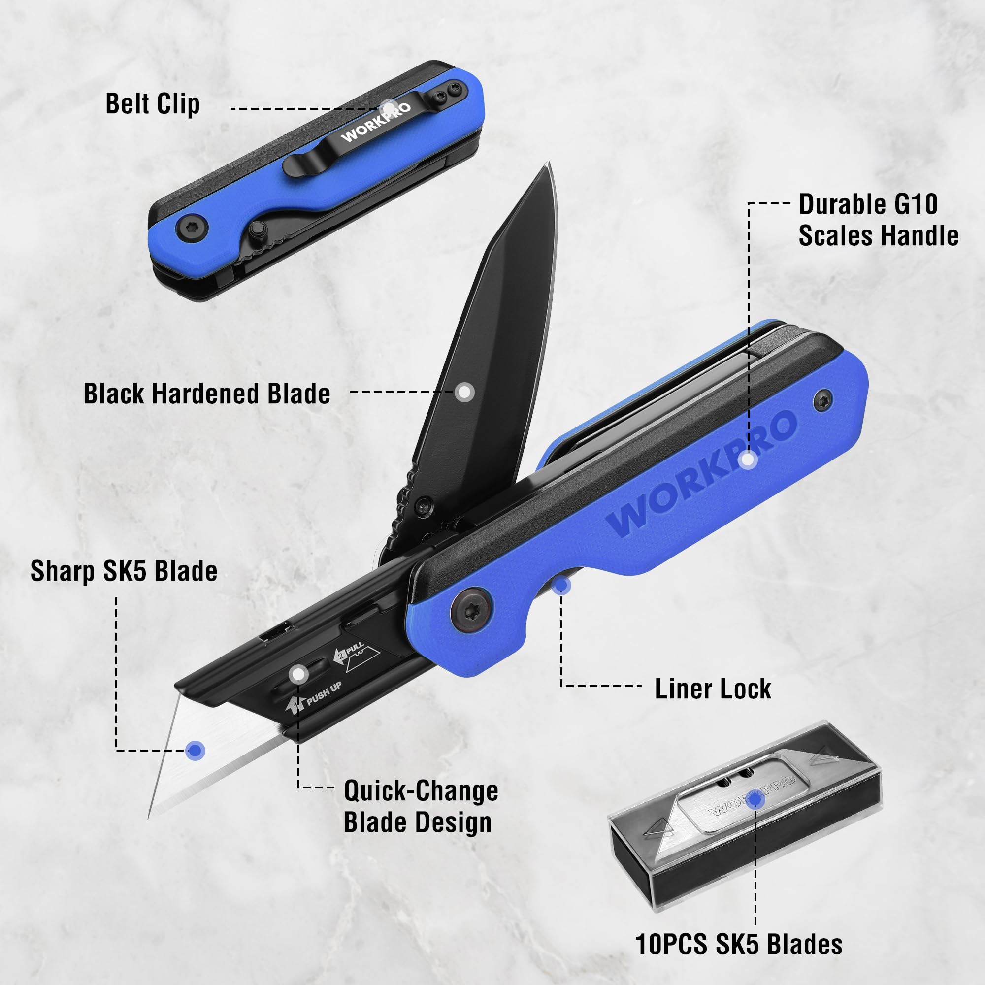 Foto 4 pulgar | Cuchillo Plegable/navaja Multiusos Workpro 2 En 1 Con 10 Hojas, Color Azul - Venta Internacional.