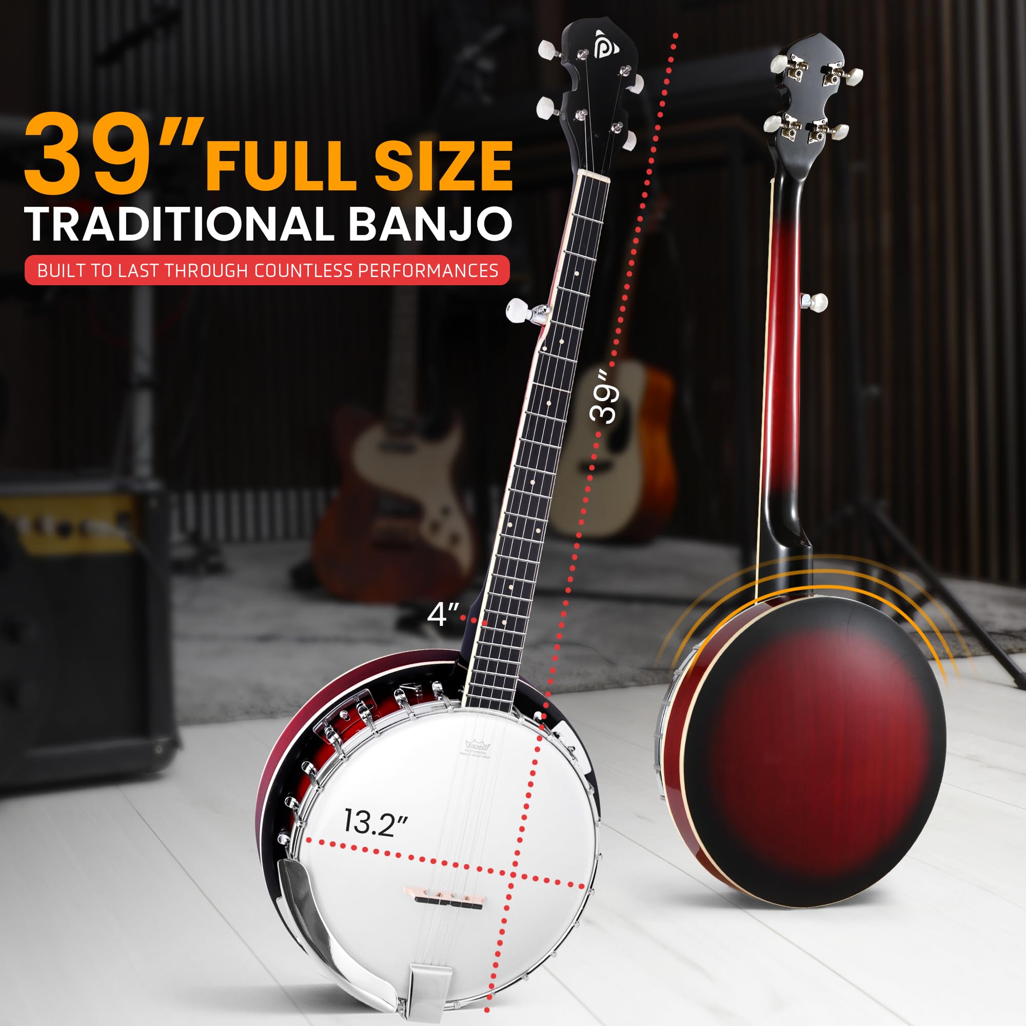 Foto 3 pulgar | Banjo Pyle De 5 Cuerdas, 39 Pulgadas, Con Cabezal Remo, Resonador Sapele, Rojo - Venta Internacional.
