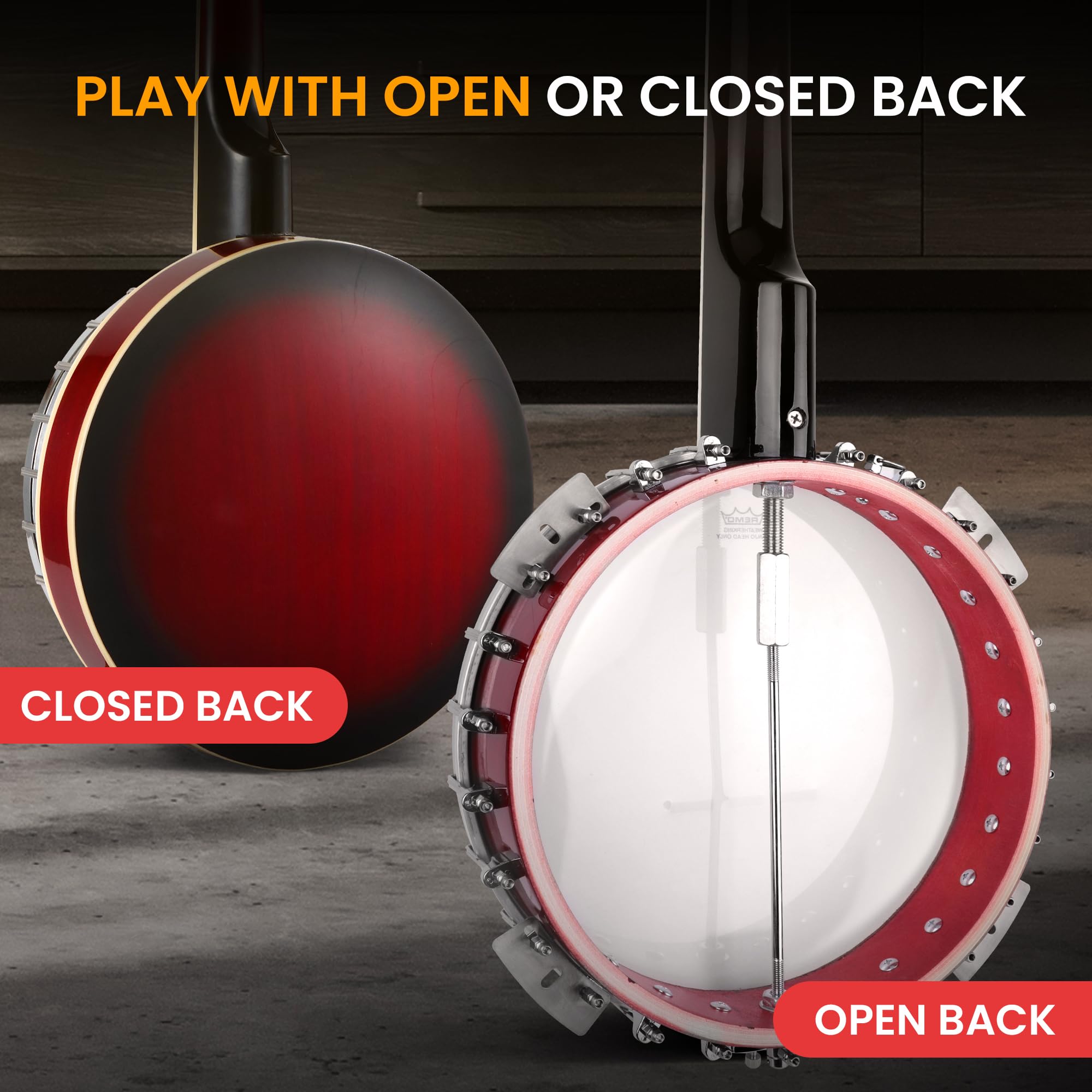 Foto 3 | Banjo Pyle De 5 Cuerdas, 39 Pulgadas, Con Cabezal Remo, Resonador Sapele, Rojo - Venta Internacional.