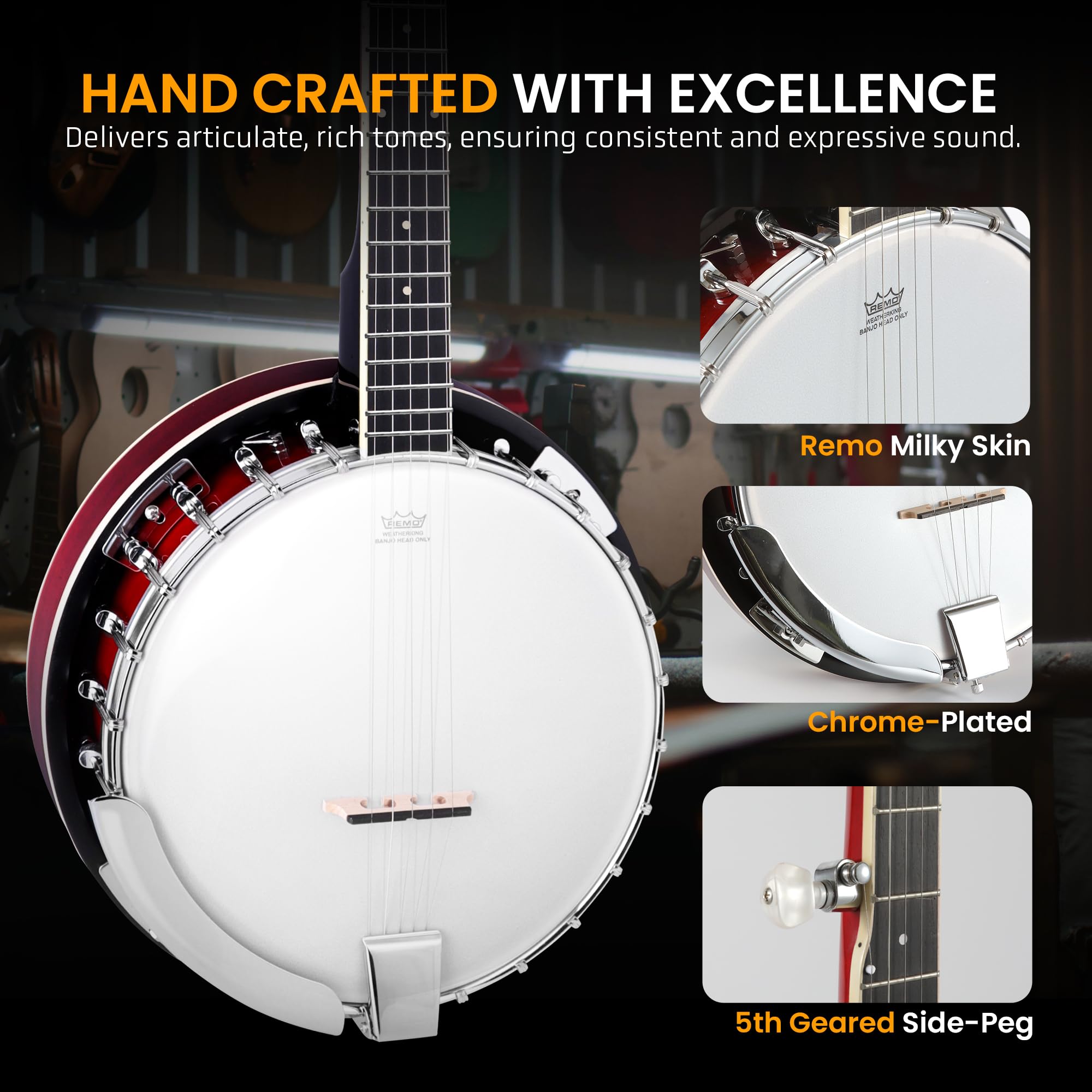 Foto 4 | Banjo Pyle De 5 Cuerdas, 39 Pulgadas, Con Cabezal Remo, Resonador Sapele, Rojo - Venta Internacional.