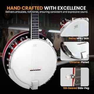 Foto 4 | Banjo Pyle De 5 Cuerdas, 39 Pulgadas, Con Cabezal Remo, Resonador Sapele, Rojo - Venta Internacional.