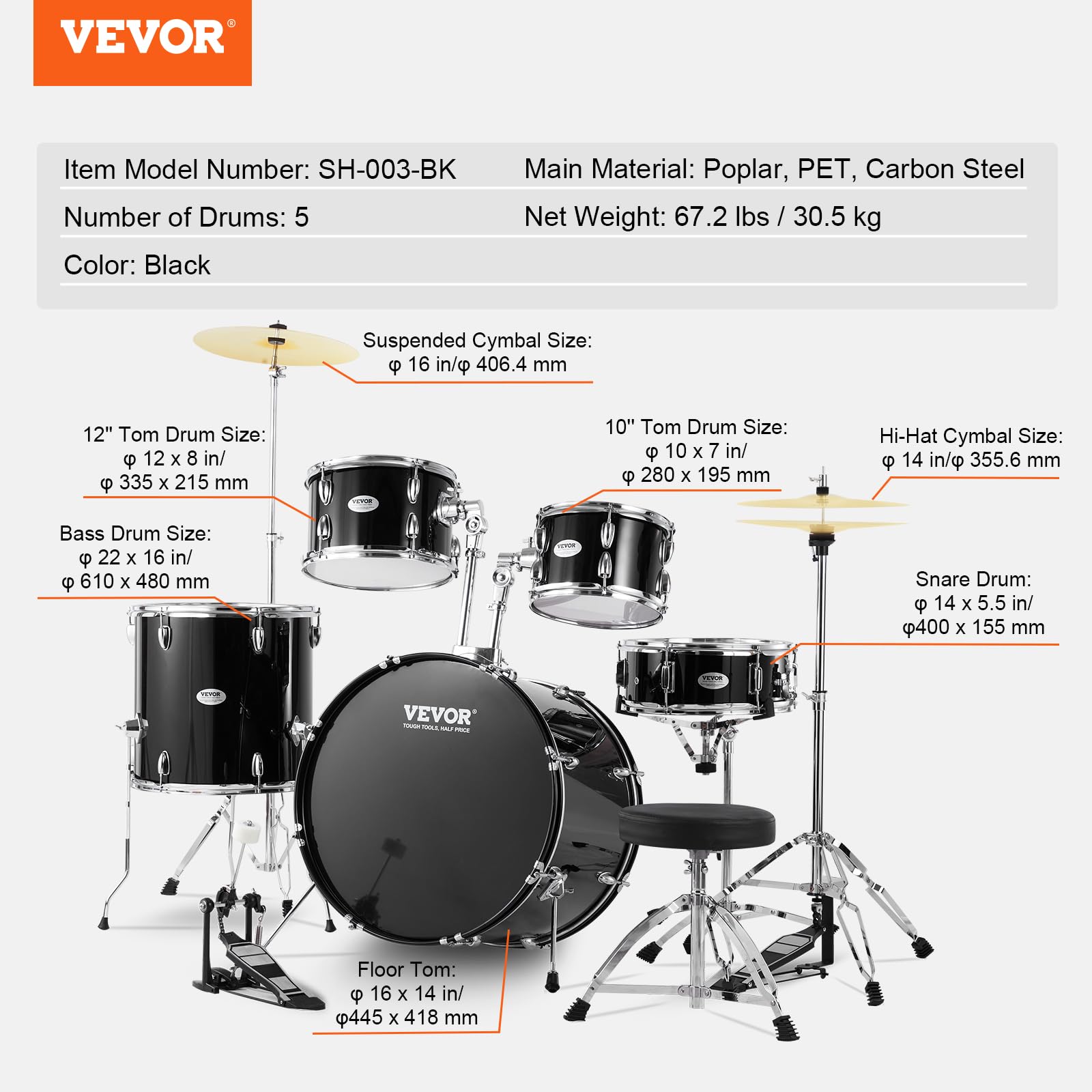 Foto 7 | Batería Vevor Para Adultos, 5 Piezas, Tamaño Completo, 22 Pulgadas, Color Negro - Venta Internacional.