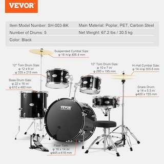 Foto 7 | Batería Vevor Para Adultos, 5 Piezas, Tamaño Completo, 22 Pulgadas, Color Negro - Venta Internacional.
