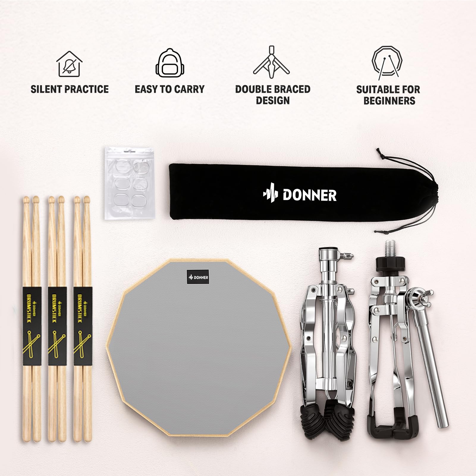 Foto 5 | Set De Soportes Para Batería Snare Donner Con Almohadilla De Práctica De Batería De 12 Pulgadas - Venta Internacional.