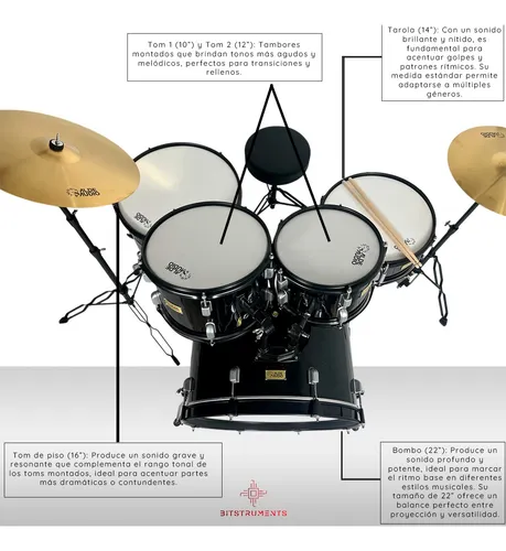Foto 4 | Bateria Acustica 5pzs Tambores 22   16   14   Toms: 12 Y 10 Color Negra
