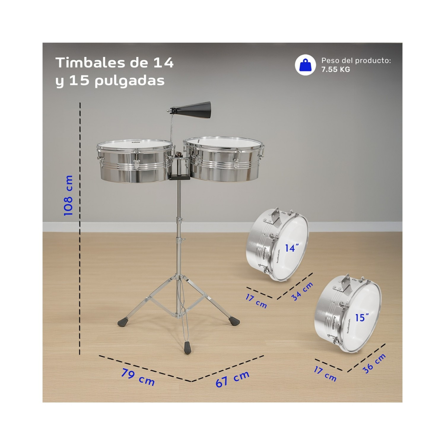 Foto 4 pulgar | Timbales Vaso Largo 14 Y 15 Pulgadas Con Cencerro + Baquetas Audiotek