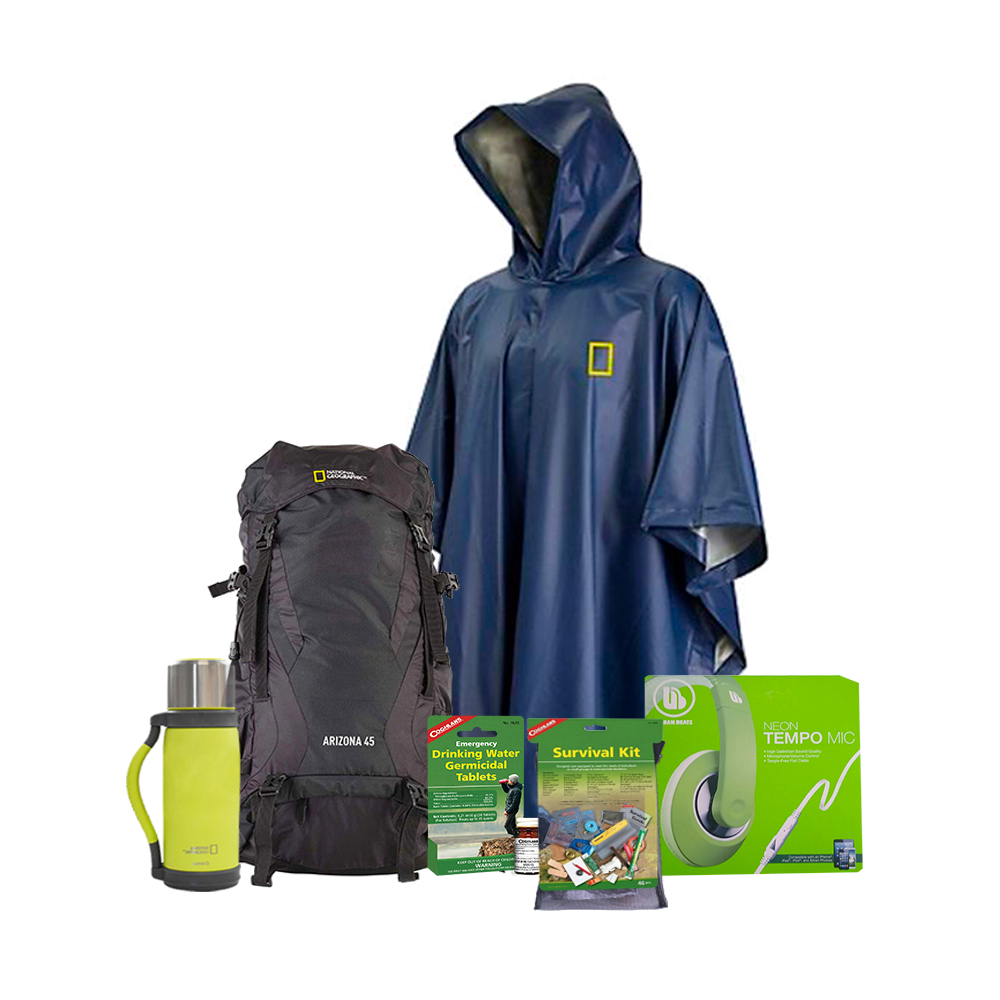 Mochila Natgeo/ Impermeable/ Termo/ Kit Emergencia Coghlans/ Tabletas Purificadoras de Agua Coghlans HS-04