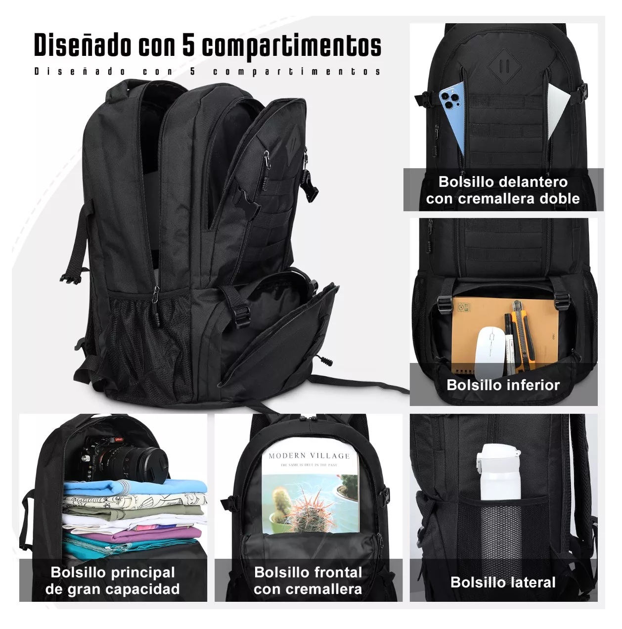 Foto 5 pulgar | Mochila Táctica Militar Impermeable para Senderismo de 50 L Negro