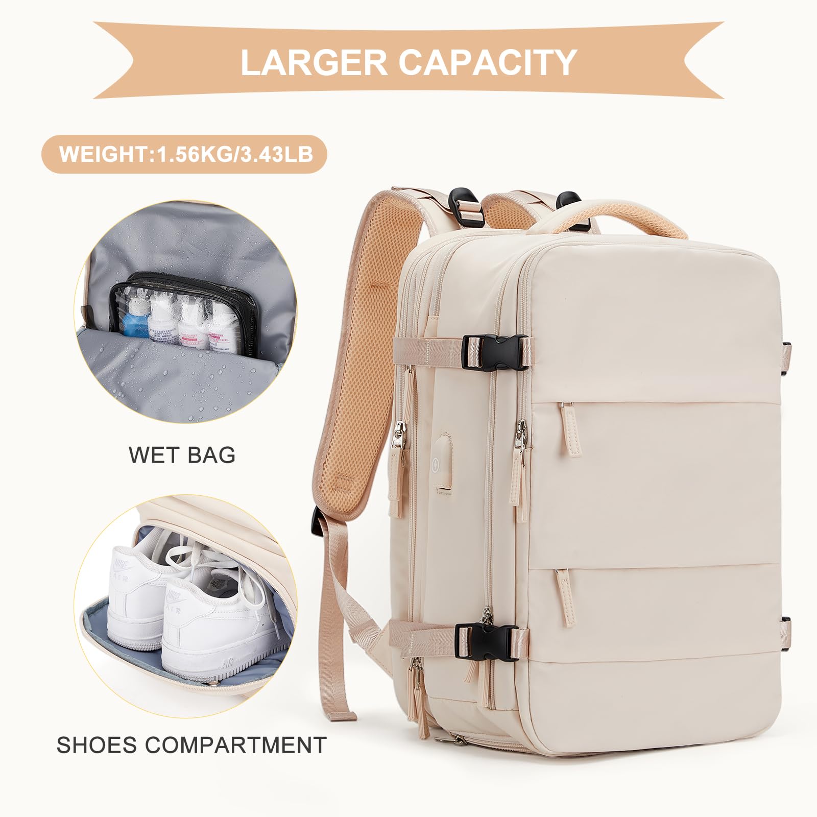 Foto 4 pulgar | Mochila de Viaje Coowoz Impermeable Beige Unisex - Venta Internacional