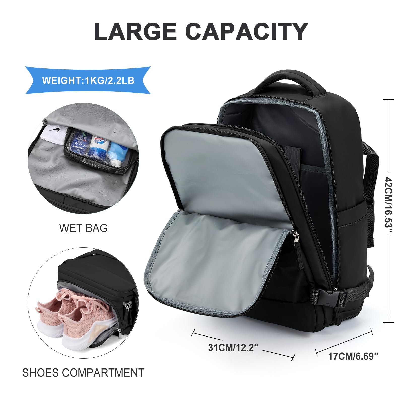 Foto 5 pulgar | Mochila de Viaje Coowoz Grande Impermeable Negra Unisex - Venta Internacional