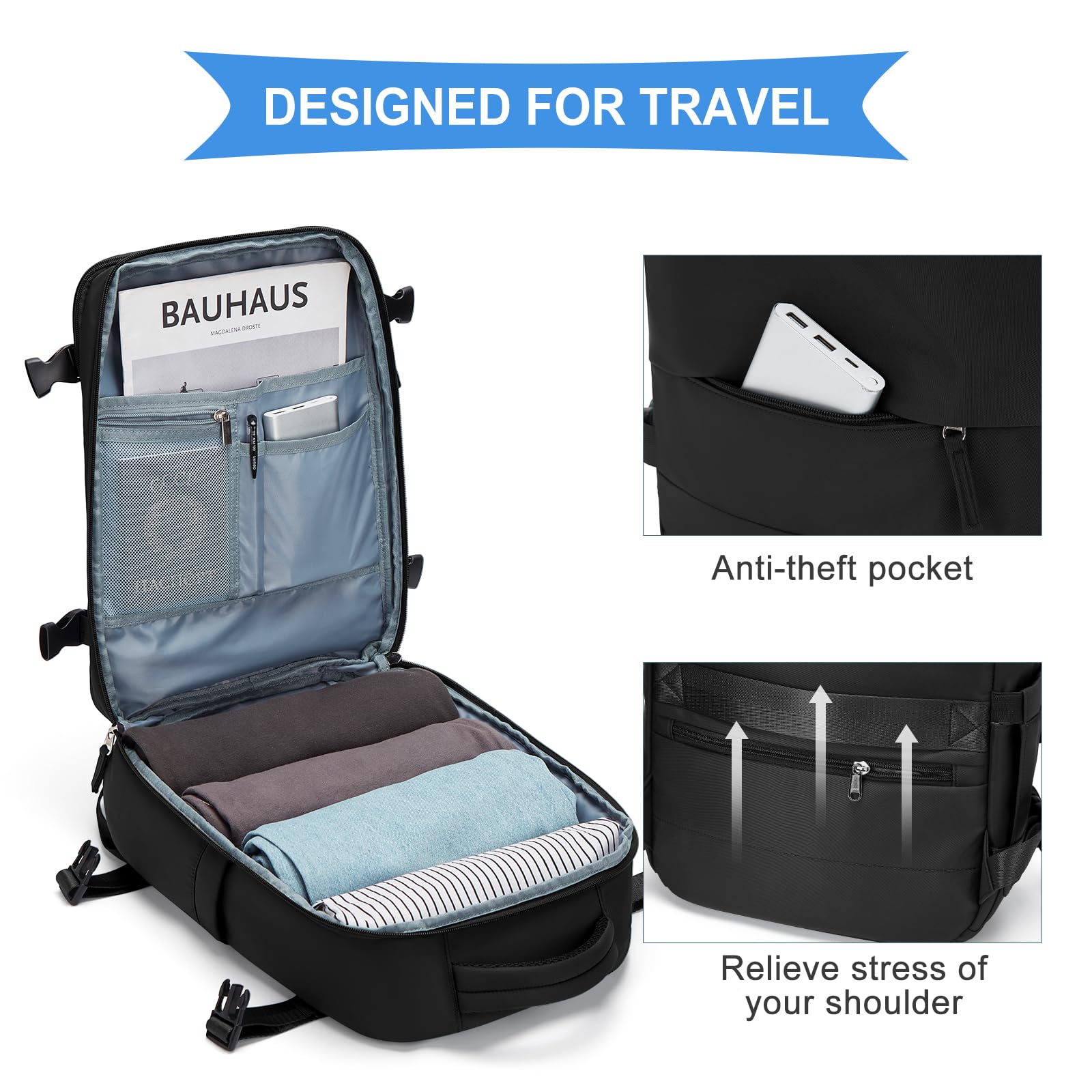 Foto 6 pulgar | Mochila de Viaje Coowoz Grande Impermeable Negra Unisex - Venta Internacional