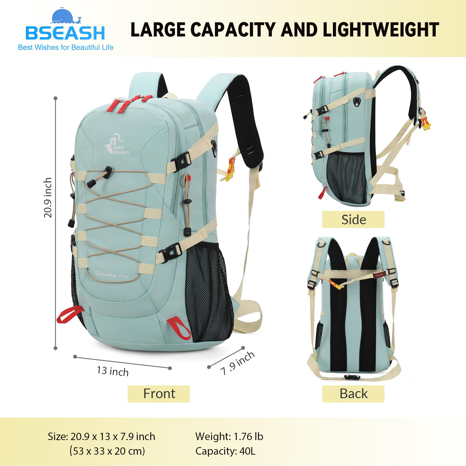 Foto 2 | Mochila De Senderismo Bseash, Impermeable, 40 L, Con Funda Para Lluvia, Color Verde - Venta Internacional.