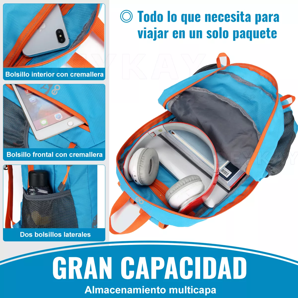 Foto 4 pulgar | Language Mochila Senderismo Portátil Bolsa Hombro Plegable Impermeable Eo Safe Imports Esi-18219-1 Azul