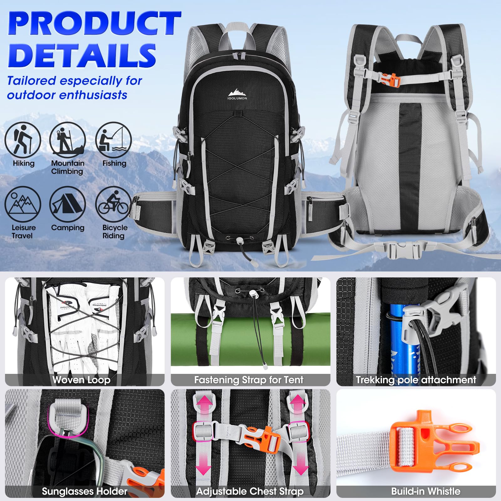 Foto 8 pulgar | Mochila De Senderismo Igolumon 40l Impermeable Ligera Negra - Venta Internacional.