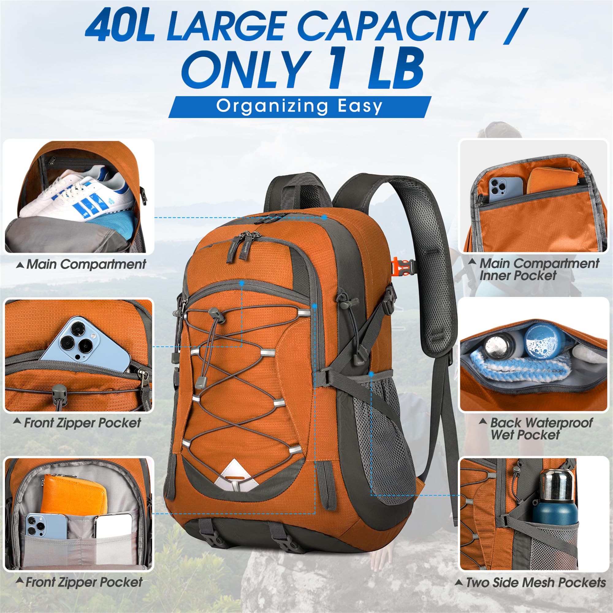 Foto 6 pulgar | Mochila De Senderismo Igolumon Ligera 40 L Impermeable Naranja - Venta Internacional.