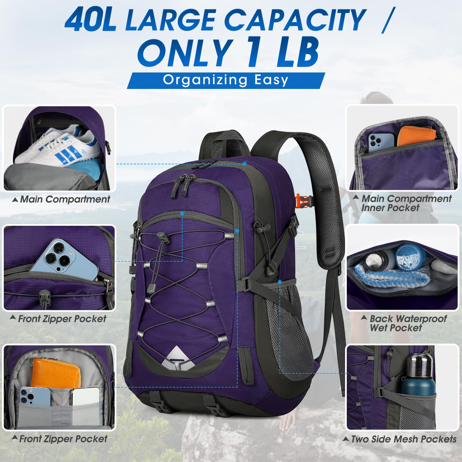 Foto 6 pulgar | Mochila De Senderismo Igolumon, Ligera, 40 L, Impermeable, Color Morado - Venta Internacional.