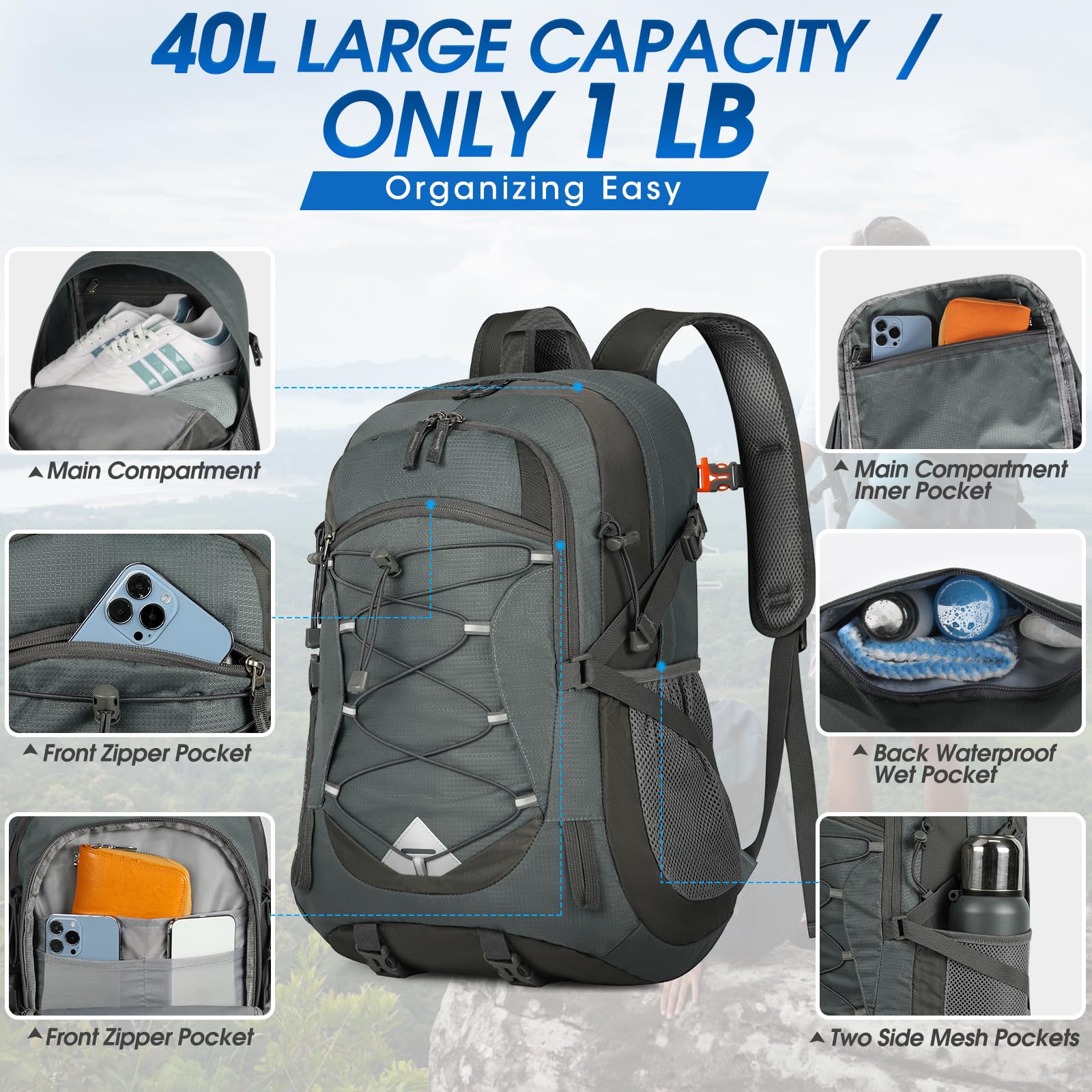 Foto 6 pulgar | Mochila De Senderismo Igolumon, Ligera, 40 L, Impermeable, Gris - Venta Internacional.
