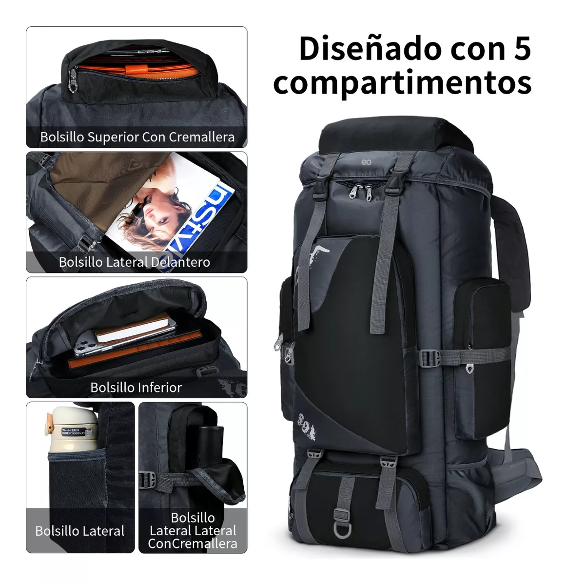 Foto 3 | Mochila De Senderismo Impermeable 85l Eo Safe Imports Esi-14794-1 Negro