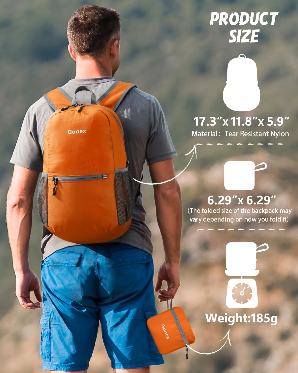 Foto 3 | Mochila Gonex Ultraligera Y Plegable De 20 Litros, Color Naranja - Venta Internacional.