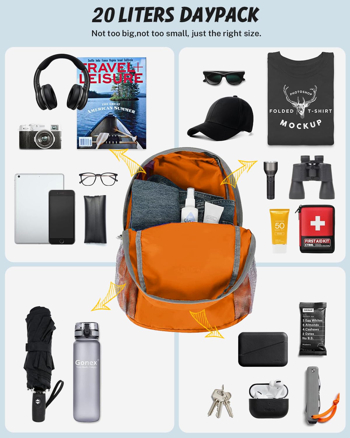 Foto 6 pulgar | Mochila Gonex Ultraligera Y Plegable De 20 Litros, Color Naranja - Venta Internacional.
