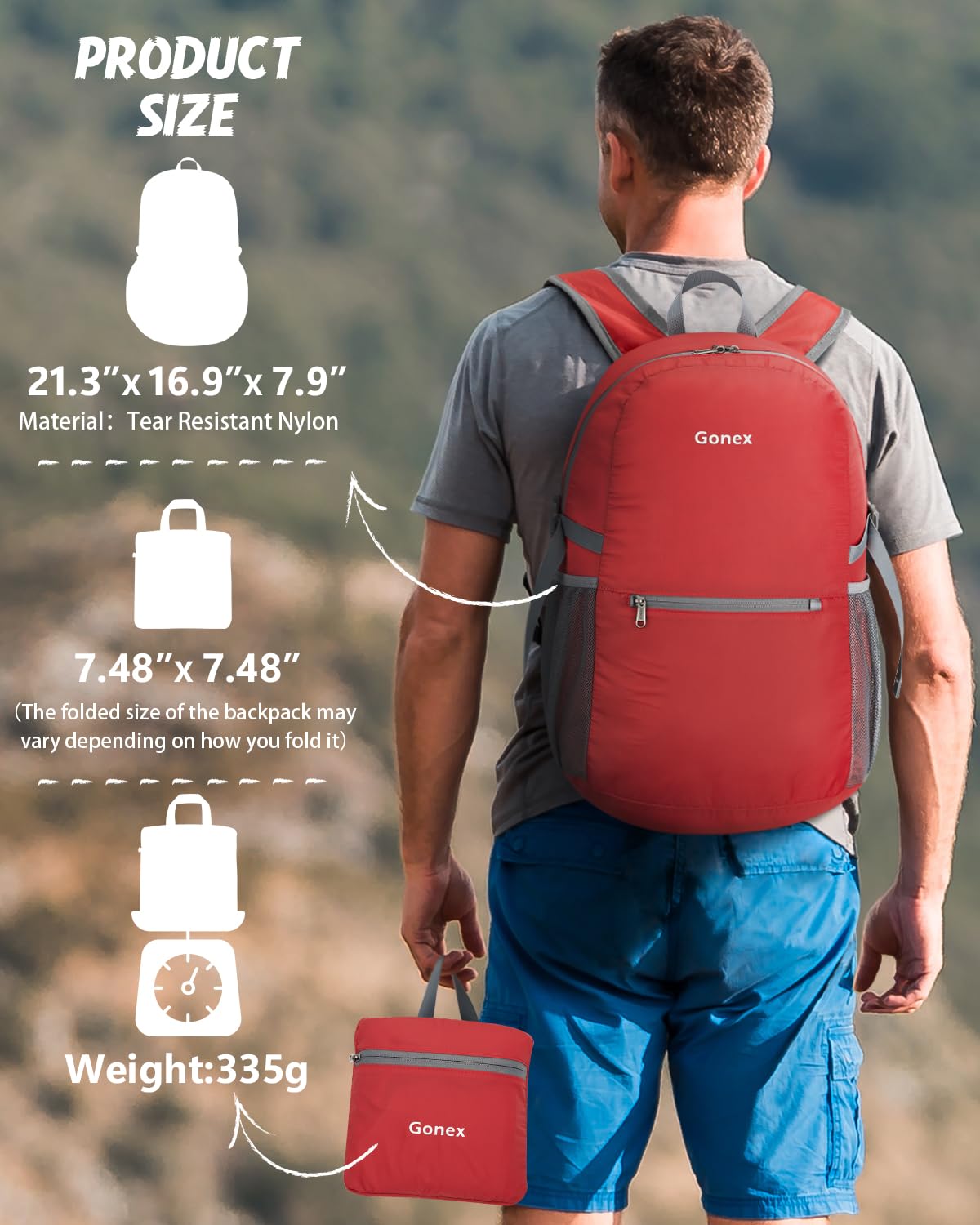 Foto 4 pulgar | Mochila Gonex Ultraligera, Plegable, Impermeable, 30 L, Roja - Venta Internacional.
