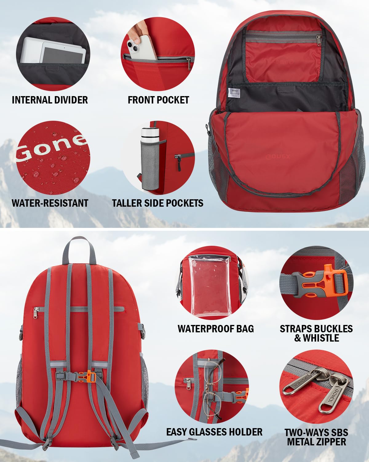 Foto 5 pulgar | Mochila Gonex Ultraligera, Plegable, Impermeable, 30 L, Roja - Venta Internacional.