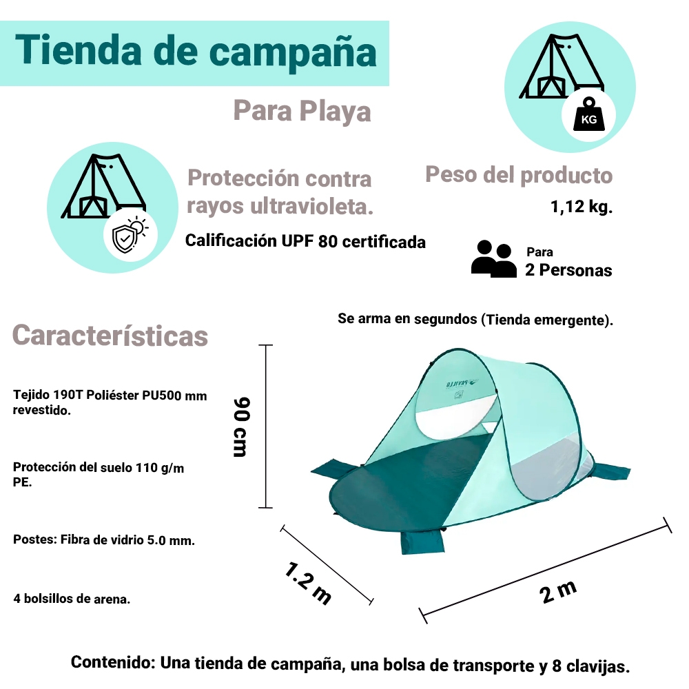 Foto 2 | Casa de Campaña Bestway 68107 color Verde Domo para 2 Personas Protección UV Pavillo