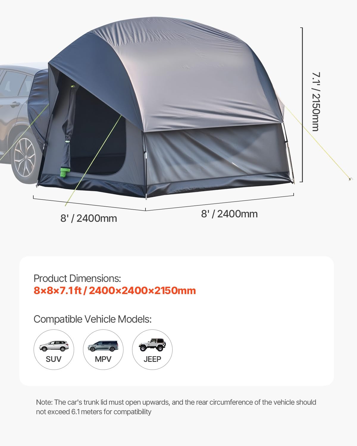 Foto 7 | Carpa Suv Vevor Impermeable Para 5 A 8 Personas Para Acampar, 240 X 240 X 215 - Venta Internacional.