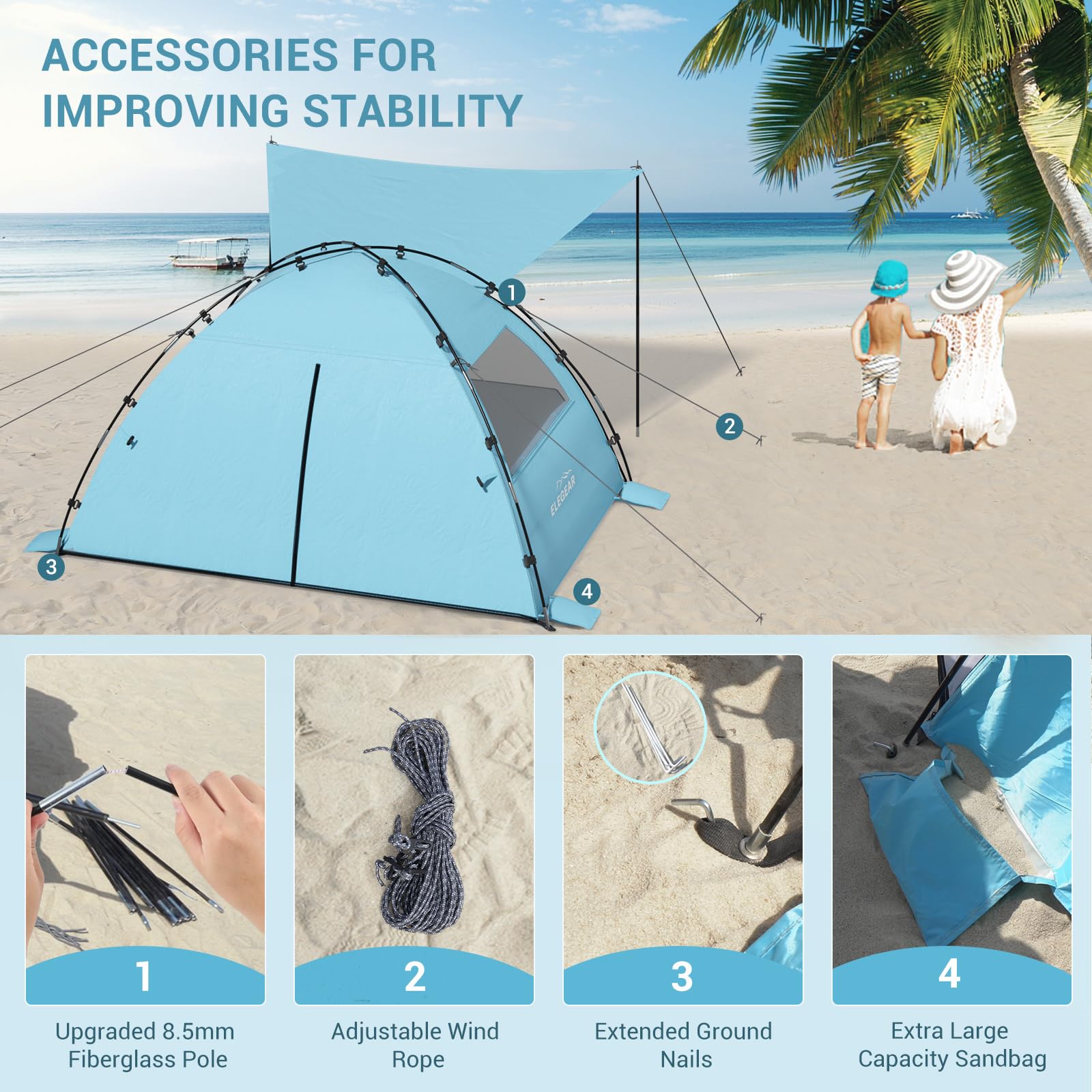 Foto 7 pulgar | Carpa De Playa Elegear, Refugio Solar Con Toldo Para 4-5 Personas Upf 50+ - Venta Internacional.
