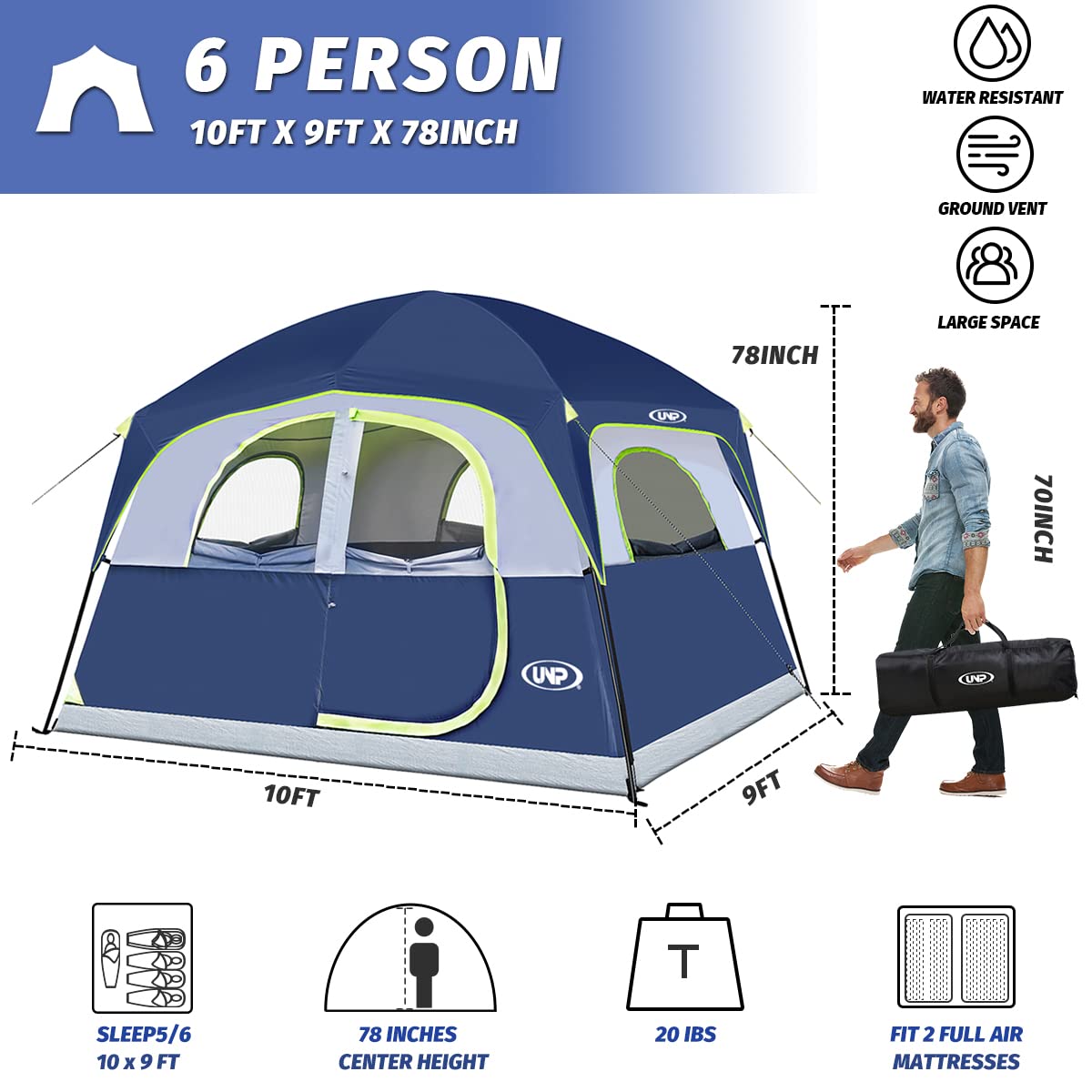 Foto 3 pulgar | Tienda De Campaña Unp Tents Para 6 Personas, Impermeable Y Resistente Al Viento - Venta Internacional.